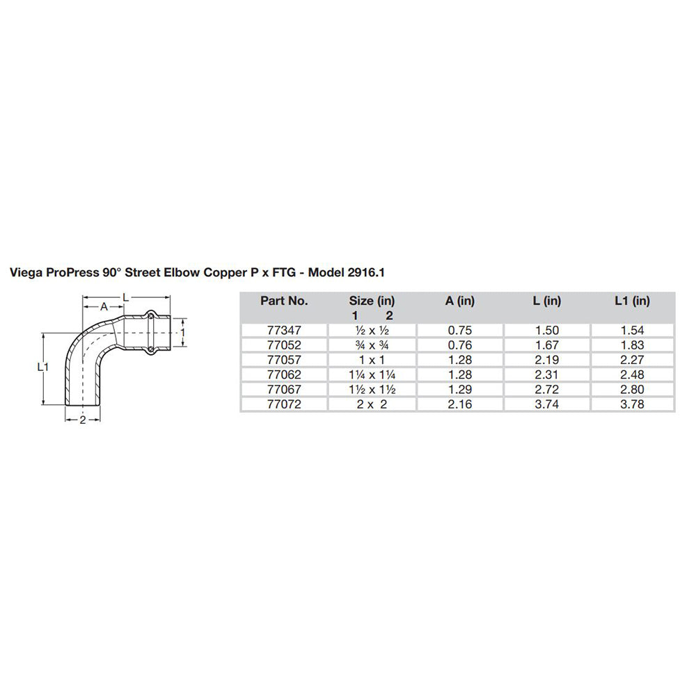 Viega Propress 12  90 Copper Elbow  StreetPress Connection  Smart Connect Technology 77347