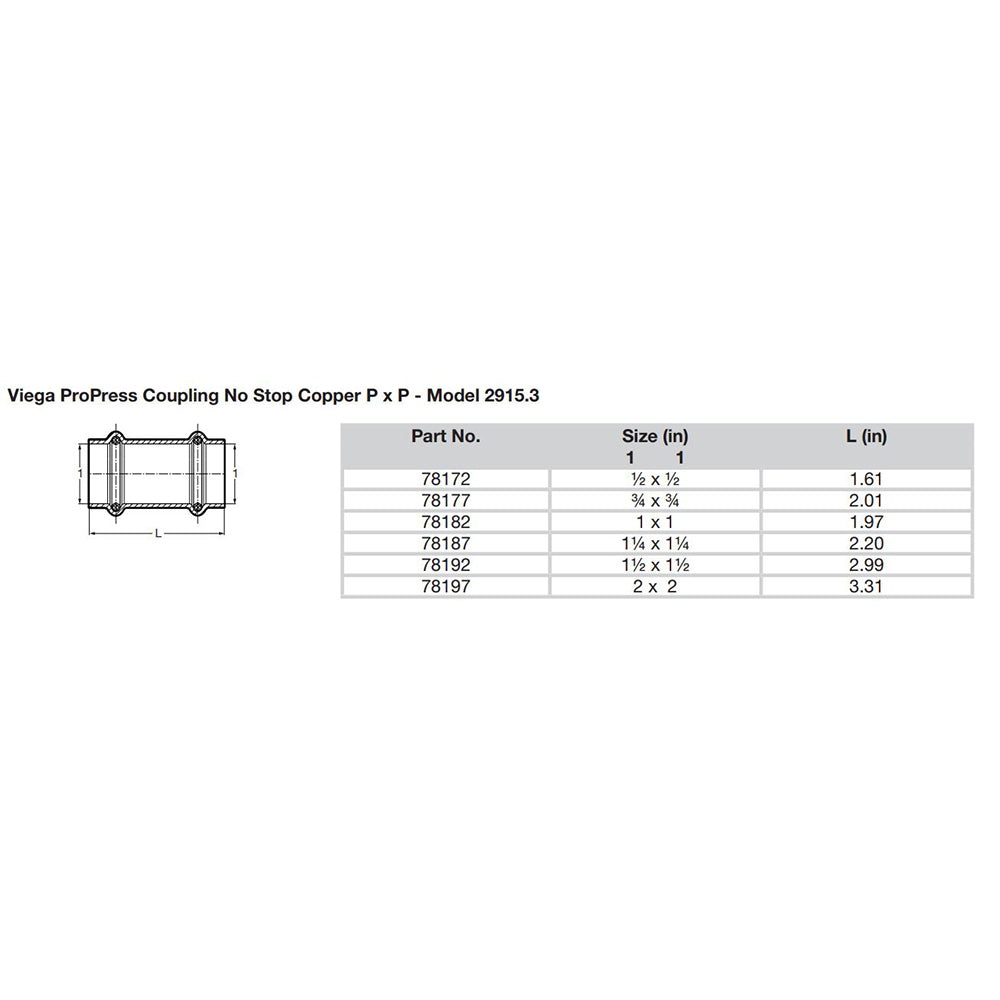 Viega ProPress 112 Copper Coupling wo Stop  Double Press Connection  Smart Connect Technology 78192