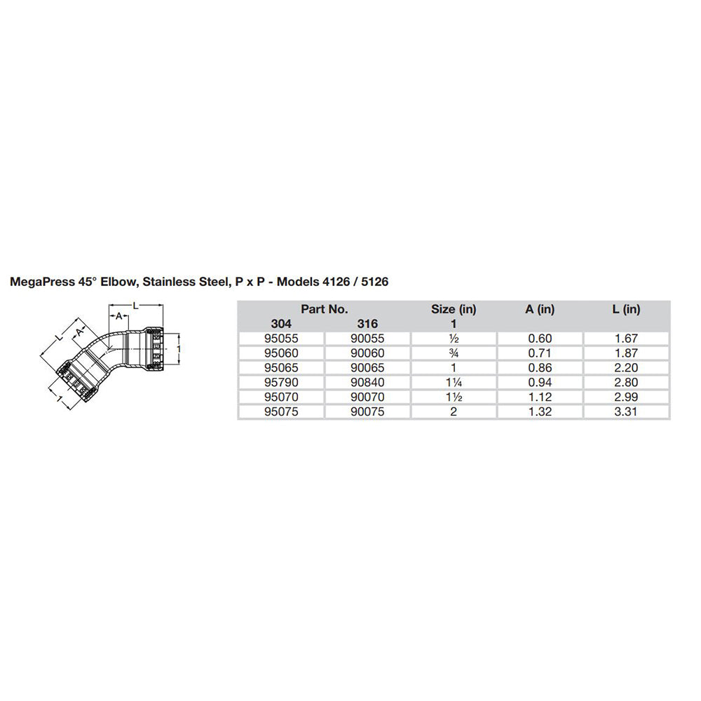 Viega MegaPress 2 45 Stainless Steel 304 Elbow  Double Press Connection  Smart Connect Technology 95075