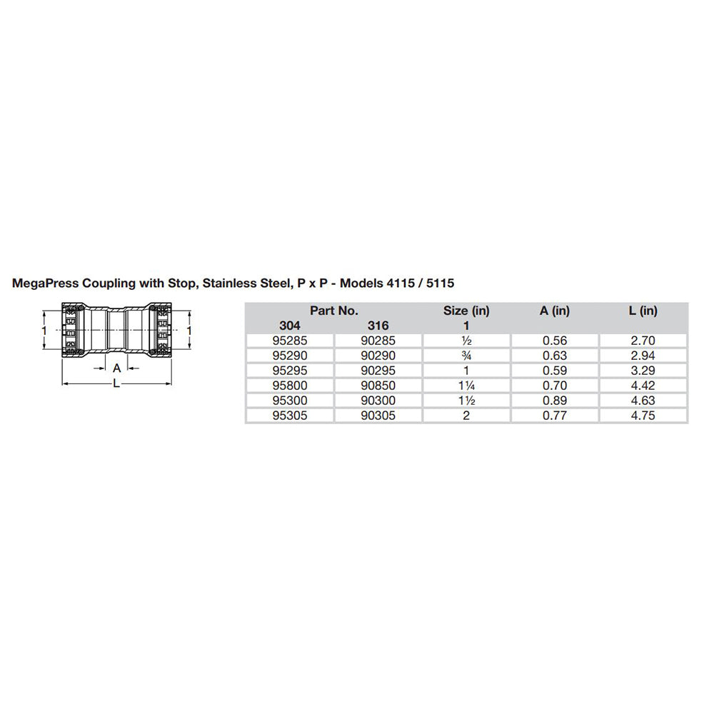 Viega MegaPress 2 Stainless Steel 304 Coupling wStop  Double Press Connection  Smart Connect Technology 95305