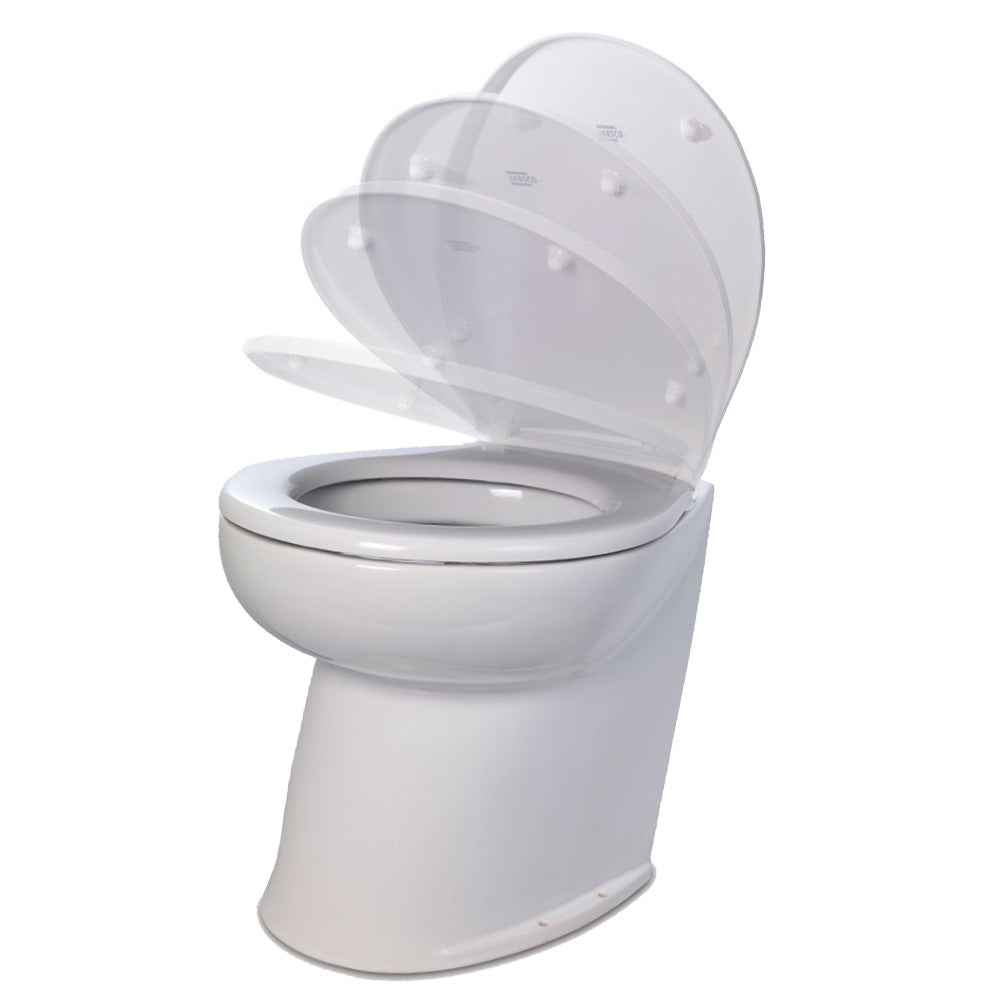 Jabsco Deluxe Flush 17 Angled Back 12V Freshwater Electric Marine Toilet wSolenoid Valve  Soft Close Lid 580203012